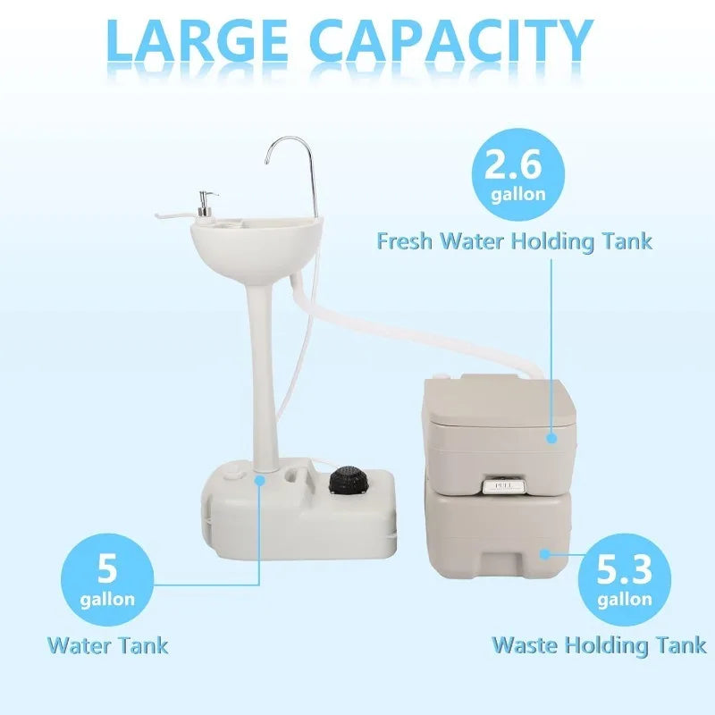 Portable Sink And Toilet Combo, 5 Gallon Hand Washing Station & 5.3 Gallon Flushing Toilet, Detachable Wastewater Recycle
