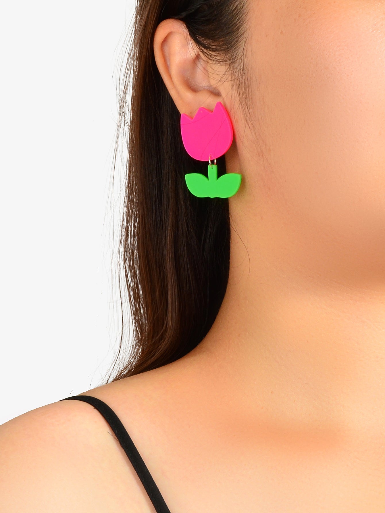 Y2k Accessories Green Leaf Hot Pink Flower Acrylic Tulips Stud Dainty Earrings