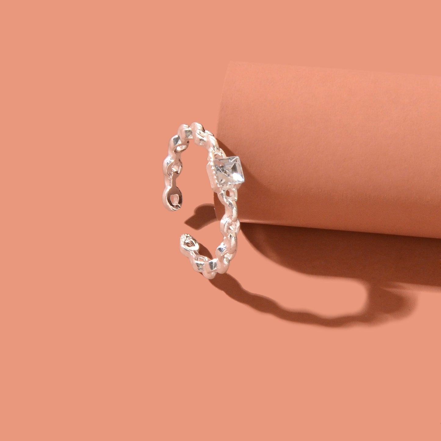 Exquisite Rhinestone Decor Silvery Chain Design Open Cuff Ring Women Party Prom Jewelry