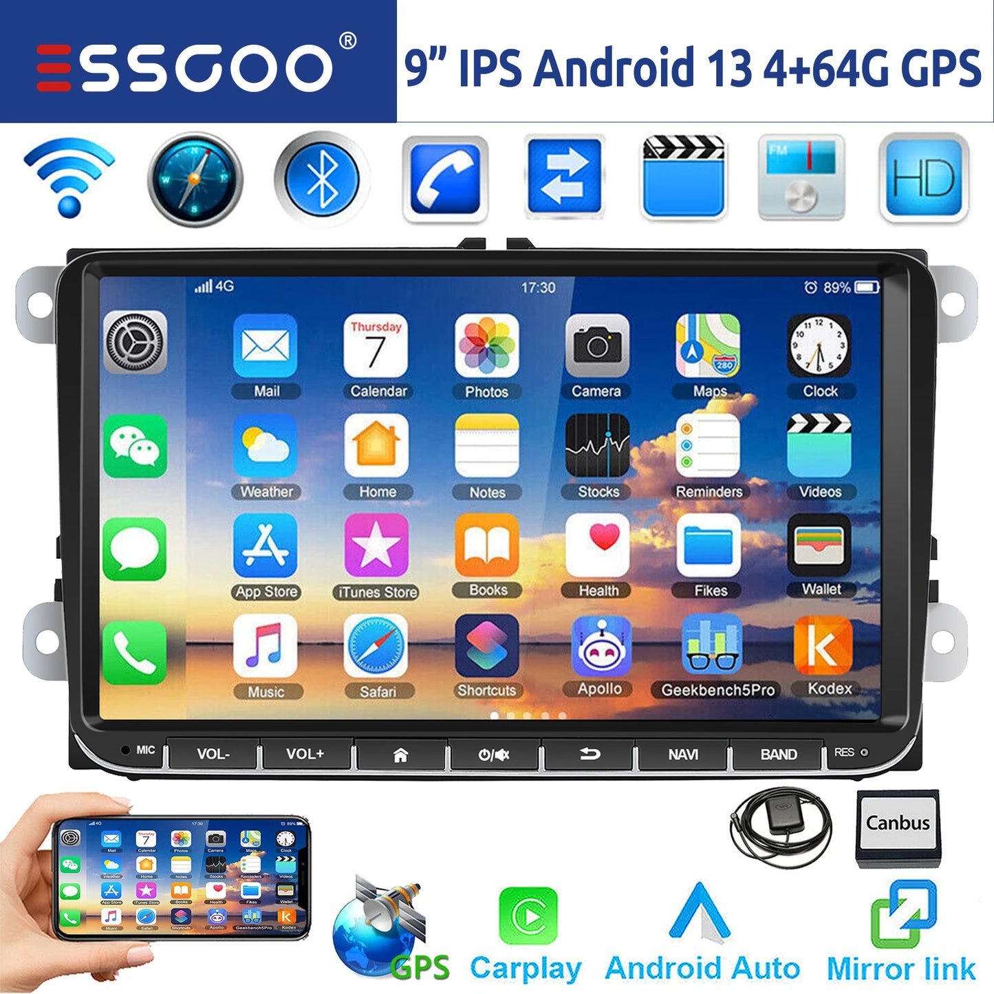 9" Android 14 4G+64G Wireless Carplay Car Stereo GPS NAVI WIFI RDS FM BT EQ for VW Golf 5 6 Passat Polo Touran Tiguan Caddy EOS