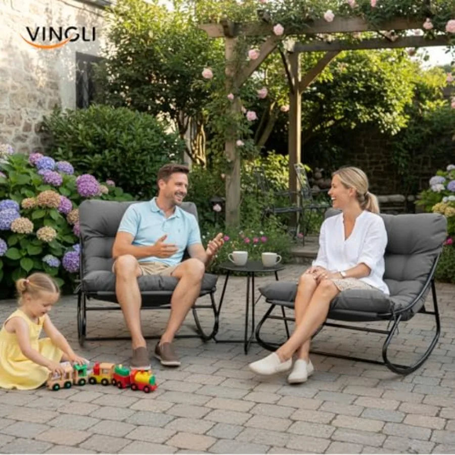 VINGLI 搖椅套裝(2把),附邊桌,承重400磅,附軟墊,室內外通用,灰色