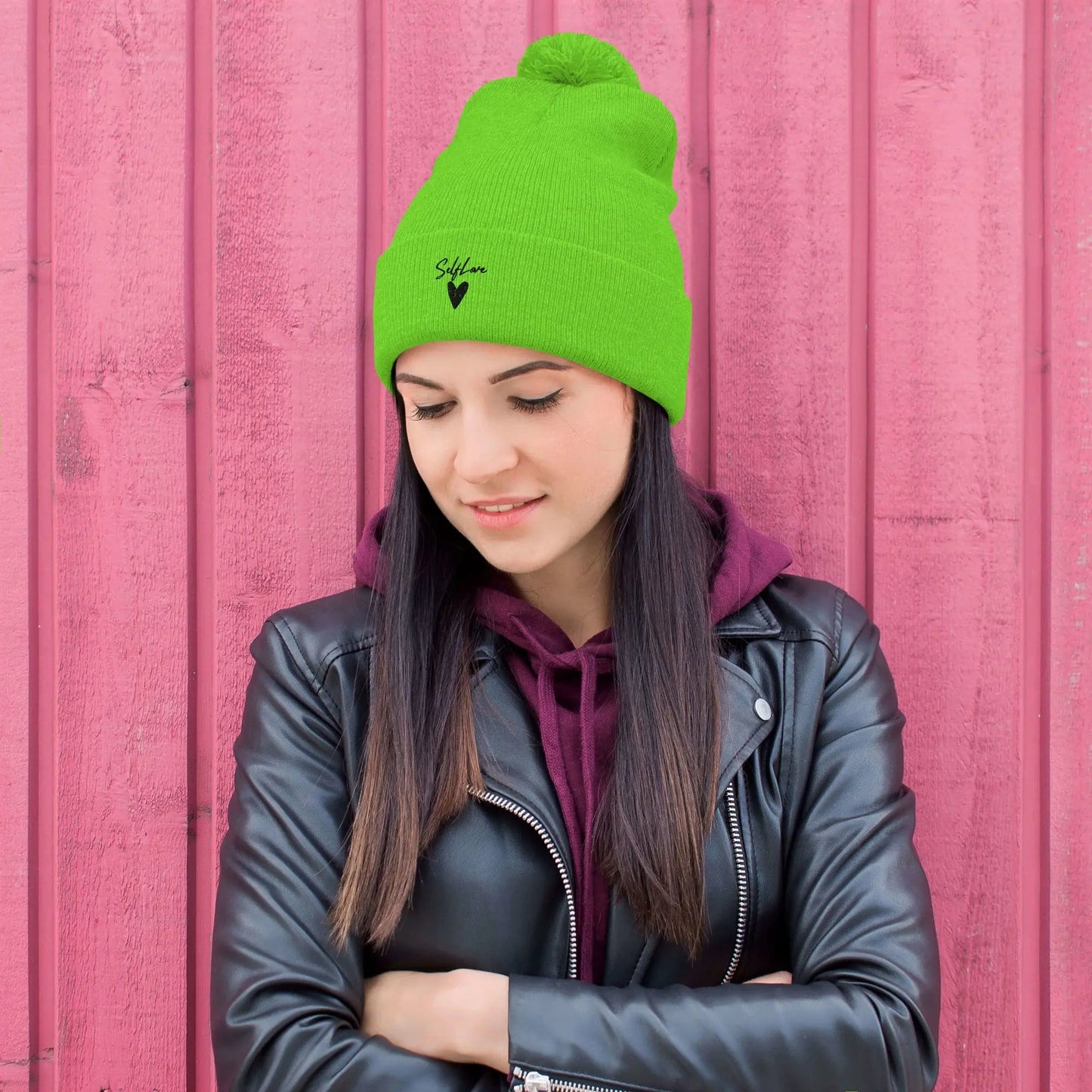 Self Love Pom-Pom Beanie - Women's Beanie with Embroidery