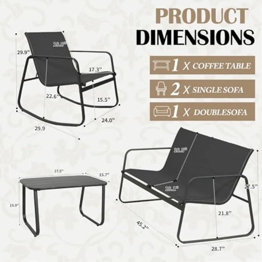 GEONKAI 四件式庭院家具，烯烴纖維雙人沙發，含兩把搖椅，庭院休閒套裝，含咖啡桌