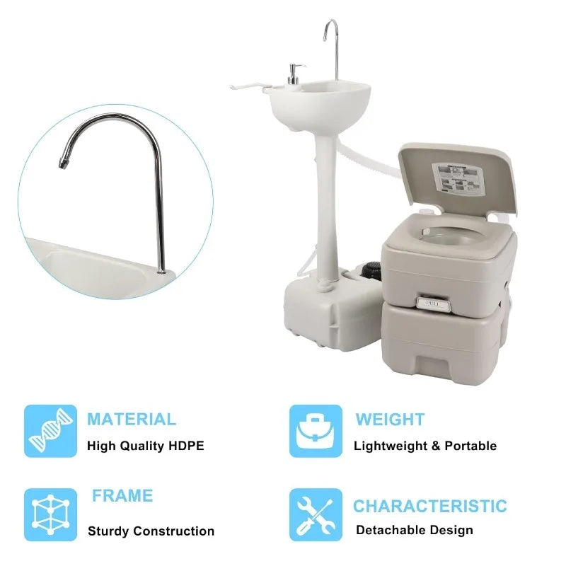 Portable Sink And Toilet Combo, 5 Gallon Hand Washing Station & 5.3 Gallon Flushing Toilet, Detachable Wastewater Recycle