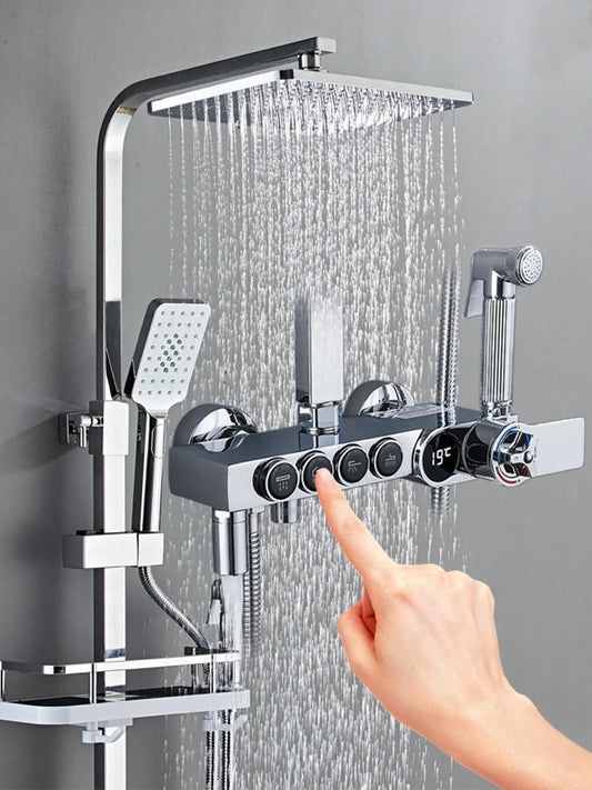 豪華銀色LED數字顯示黃銅淋浴套裝，4把水龍頭，混合龍頭，恆溫淋浴混合龍頭