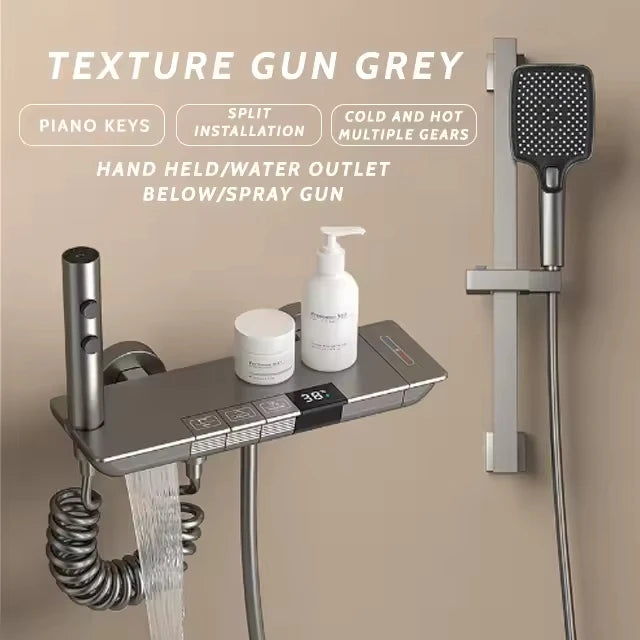 智慧型LED數位螢幕四功能黃銅淋浴組拋光方形花灑陶瓷雨淋腰背SPA公寓