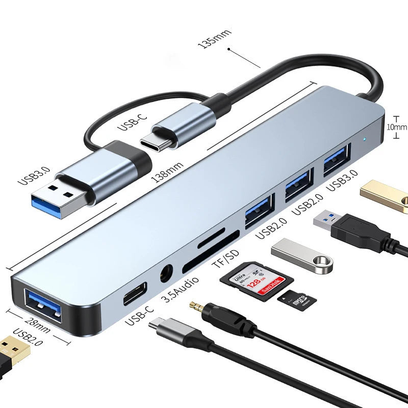 8合2 USB+Type-C HUB擴充塢，附3.5mm音訊介面轉接器、Micro SD卡讀卡器，適用於筆記型電腦、平板電腦、手機等設備，支援磁碟轉換器
