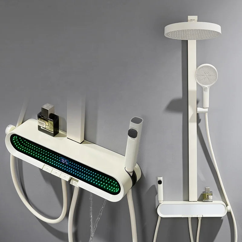 智慧熱銷家用白色淋浴柱瀑布式現代浴室恆溫淋浴噴頭鋼琴鍵數位淋浴套裝