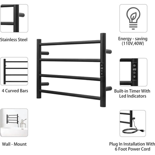KEG 智慧 WiFi 壁掛式毛巾加熱器，內建定時器和溫度調節控制，4 格不銹鋼電加熱器