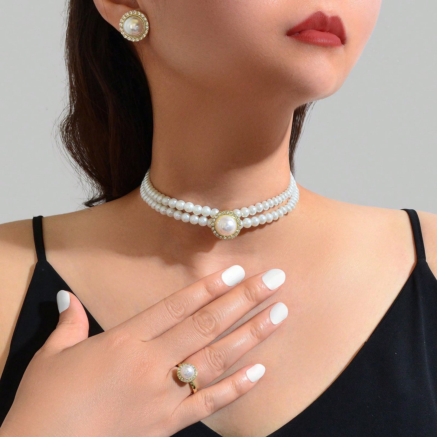Elegant Anniversary Wedding Jewelry set Imitation Pearl Chain Collar Necklace Finger Ring and Stud Earrings for Women