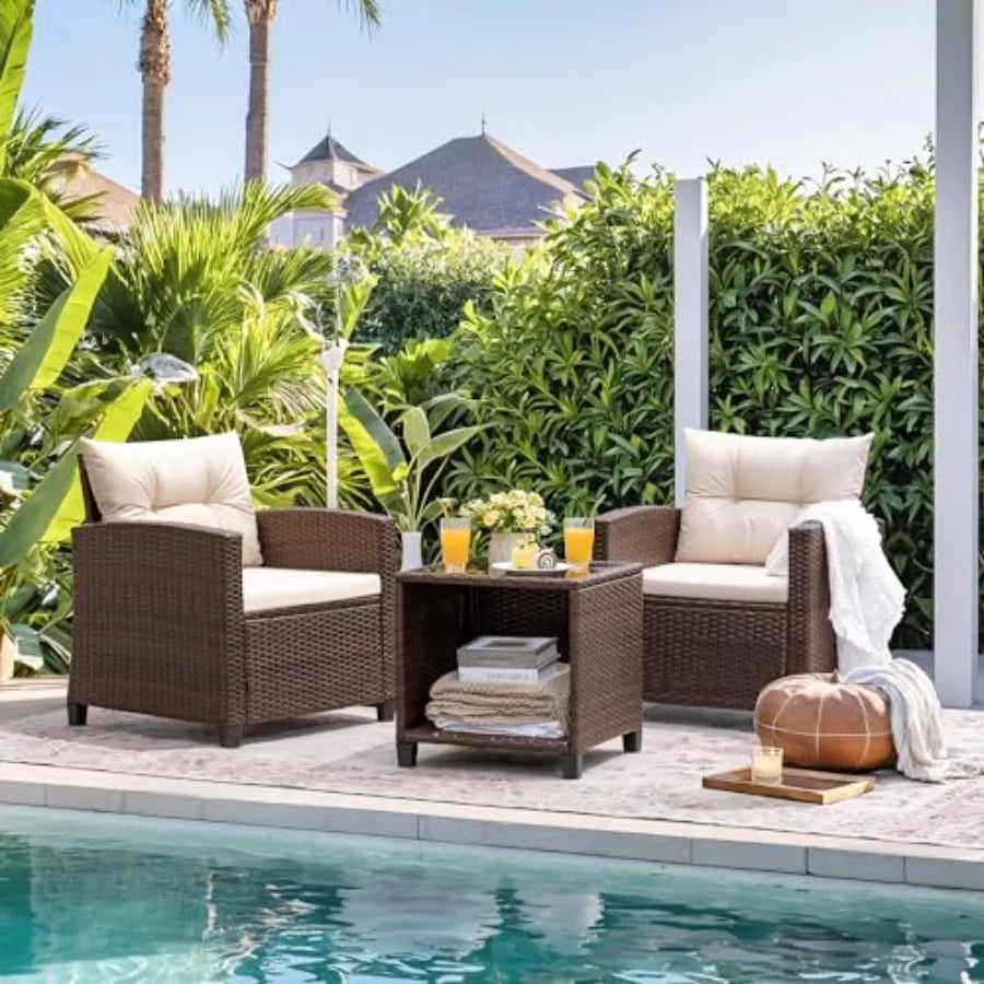 Devoko 三件式戶外家具套裝，PE 藤條編織，含兩張戶外椅和一張桌子，升級版戶外椅和桌子