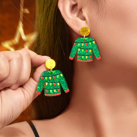Christmas Festival Jewelry Colored Lights Decor Green Clothes Acrylic Earrings-0