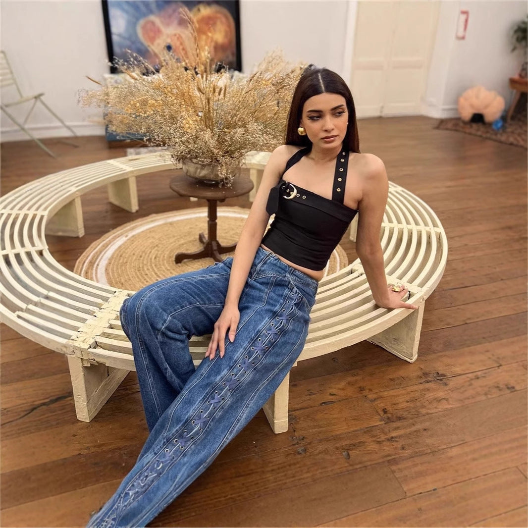 New Low Waist Hollow Lace-up Wide-leg Jeans For Women