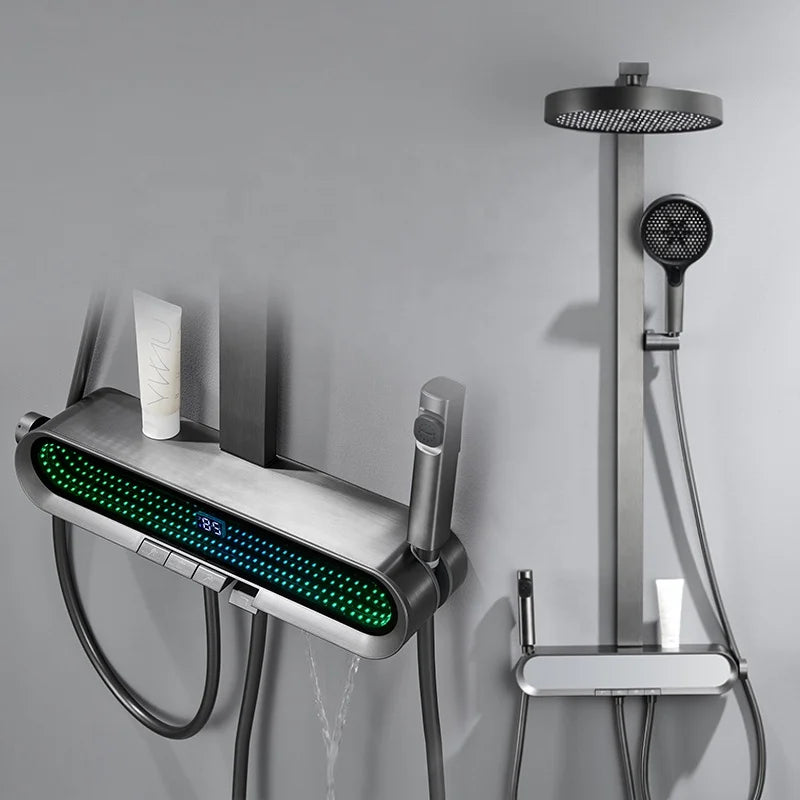 智慧熱銷家用白色淋浴柱瀑布式現代浴室恆溫淋浴噴頭鋼琴鍵數位淋浴套裝