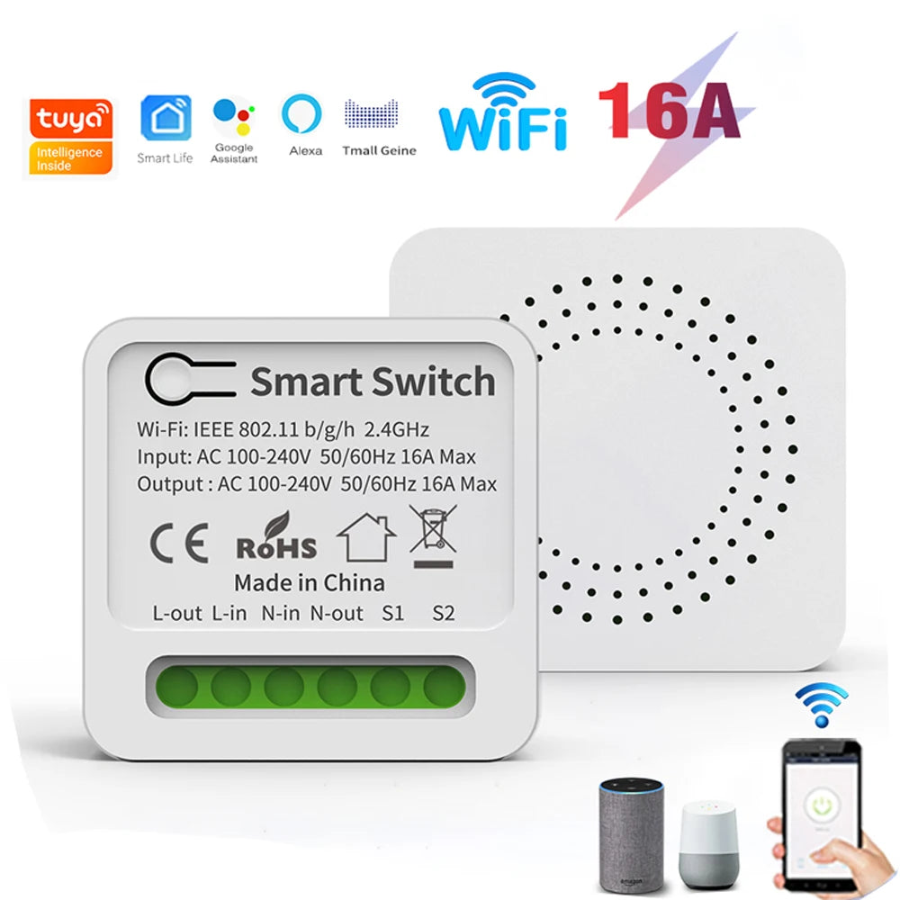 16A Mini Wifi Switch DIY Smart Home 2-way Control Relay Smart LIfe APP Control Remotely Timer Works With Alexa Google Home
