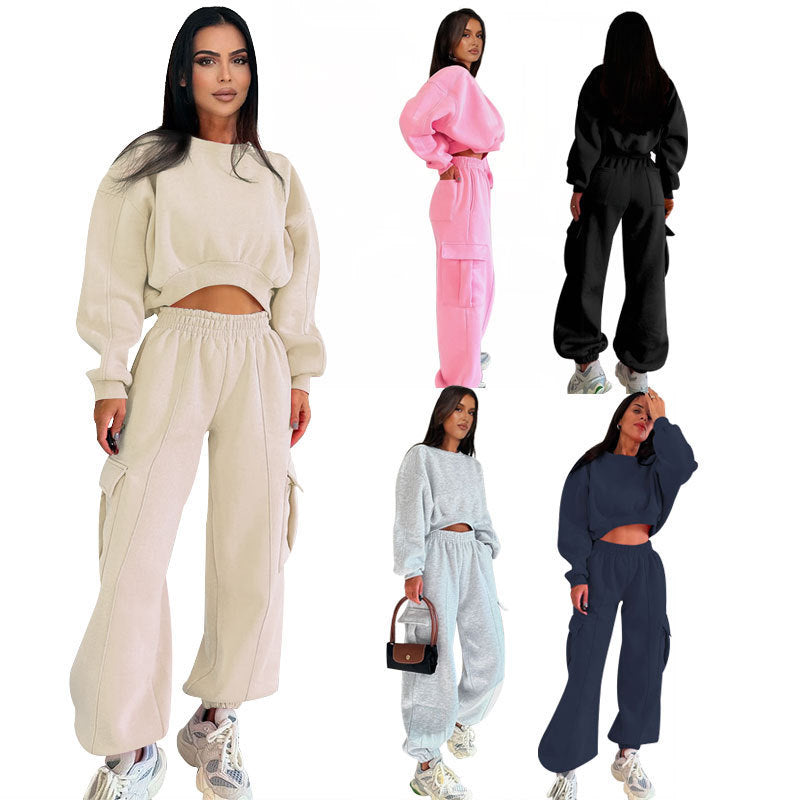 European And American Autumn New Round Neck High Waist Sweater Pocket Loose Sweatpants Suit