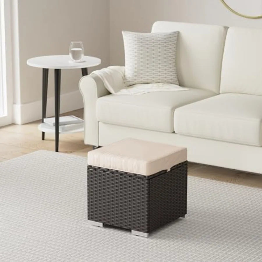 兩件式藤編腳凳，多功能戶外家具，適用於庭院後院，可作額外座椅、腳凳、邊桌，附收納空間