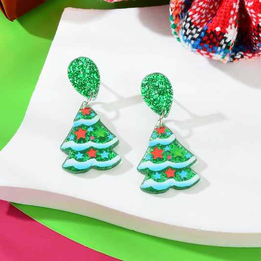 Sparkling Sequin Star Decor Christmas Tree Acrylic Dangle Earrings Jewelry