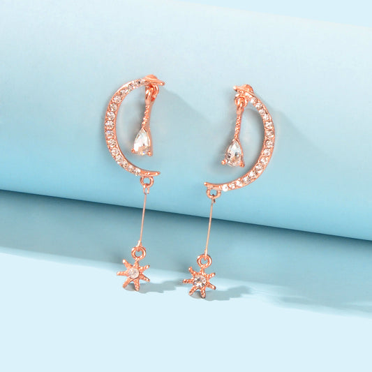 婚禮玫瑰金水鑽月亮吊墜水滴形新娘耳環