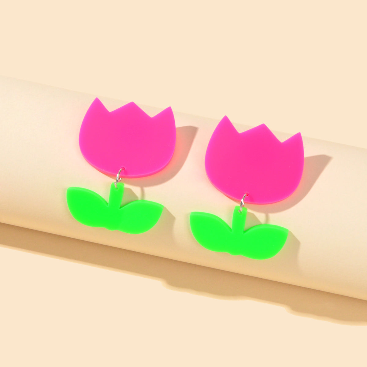Y2k Accessories Green Leaf Hot Pink Flower Acrylic Tulips Stud Dainty Earrings