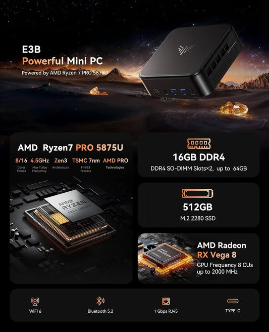 迷你電腦，搭載 AMD 7 PRO 5875U 處理器、16GB DDR4 記憶體和 512GB M.2 SSD 固態硬碟，迷你遊戲電腦，配備 USB Type-C 接口，支援桌上型電腦功能