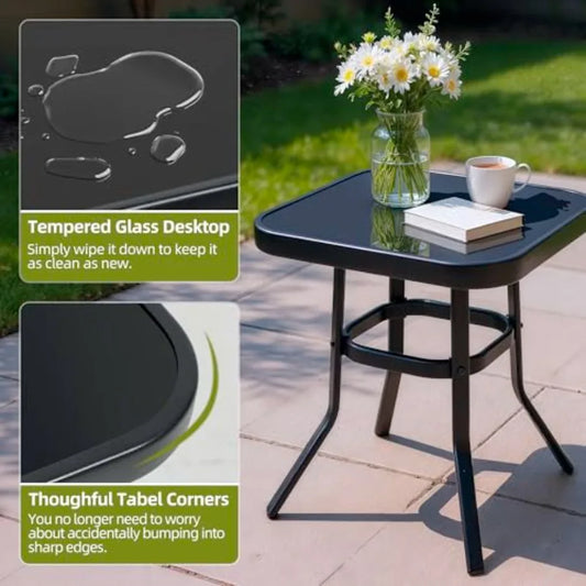 SUNCROWN戶外三件式搖椅露臺小餐桌椅套裝，黑色鋼製家具，附加厚坐墊和玻璃桌面咖啡桌