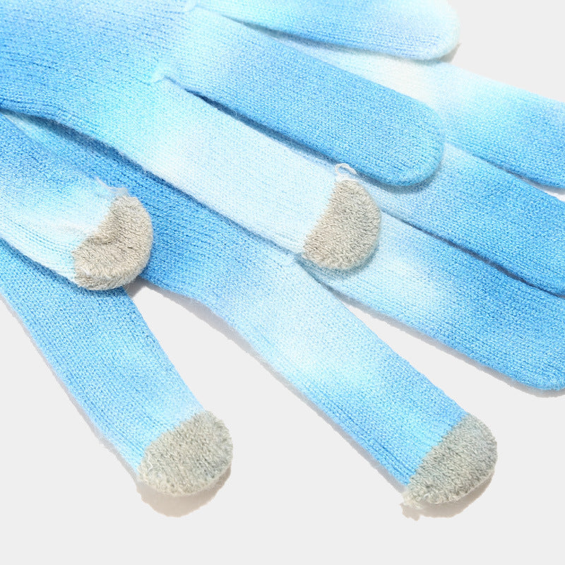 Tie-dye Knitted Hat Gloves Scarf Set Ladies