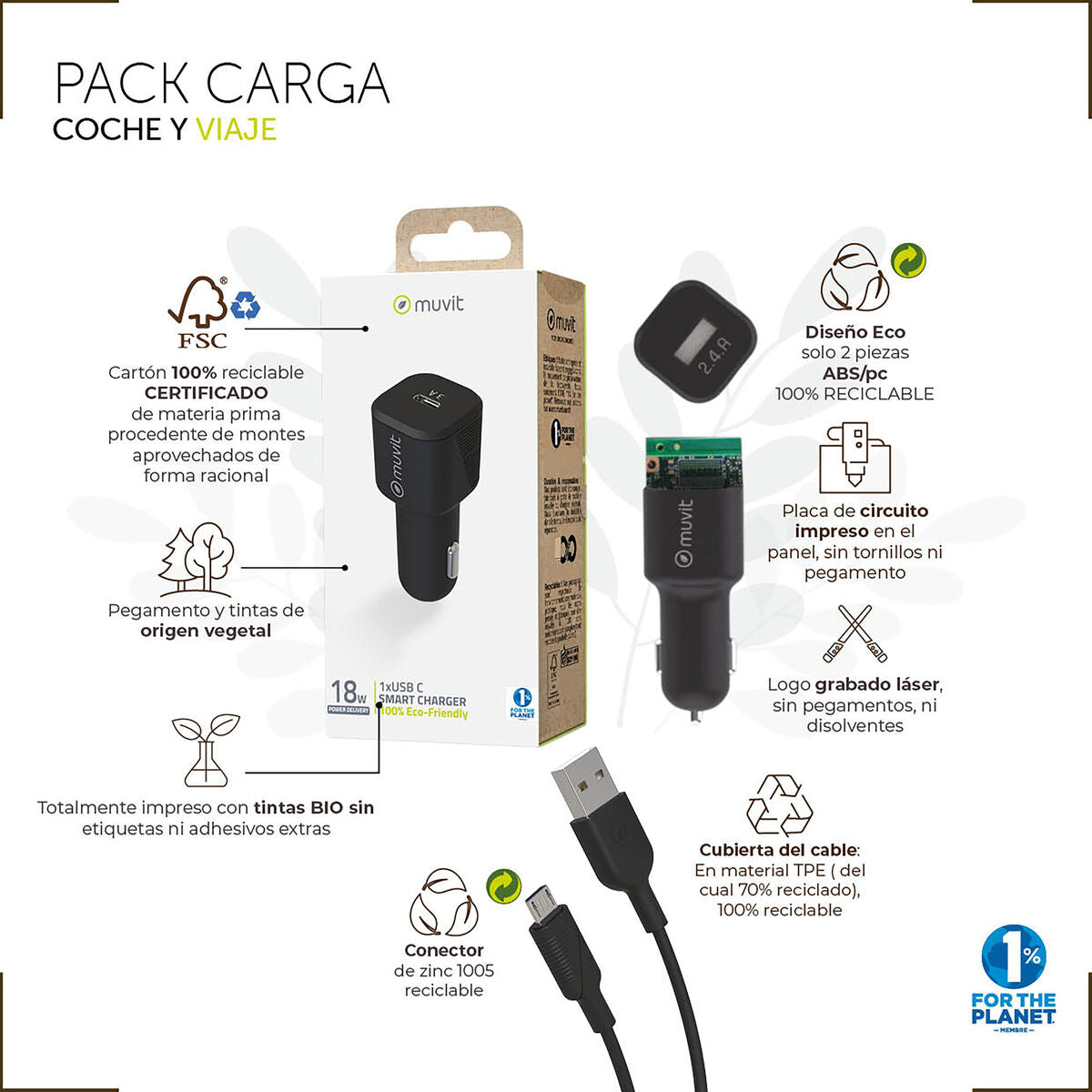 Car Charger Muvit for Change 1 m Black