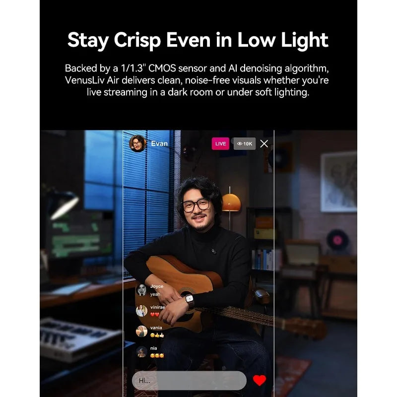 VenusLiv Air Live Streaming Camera,1/1.3" CMOS/F1.05 Custom Lens,4K30p/UVC/HDMI Video Output,Built For 24/7 Streaming