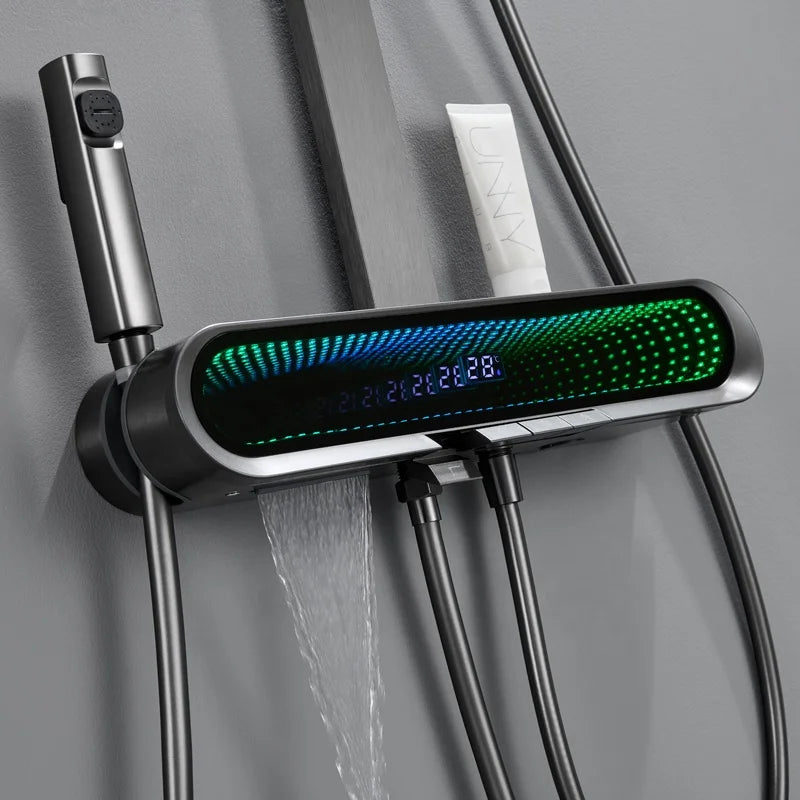 智慧熱銷家用白色淋浴柱瀑布式現代浴室恆溫淋浴噴頭鋼琴鍵數位淋浴套裝