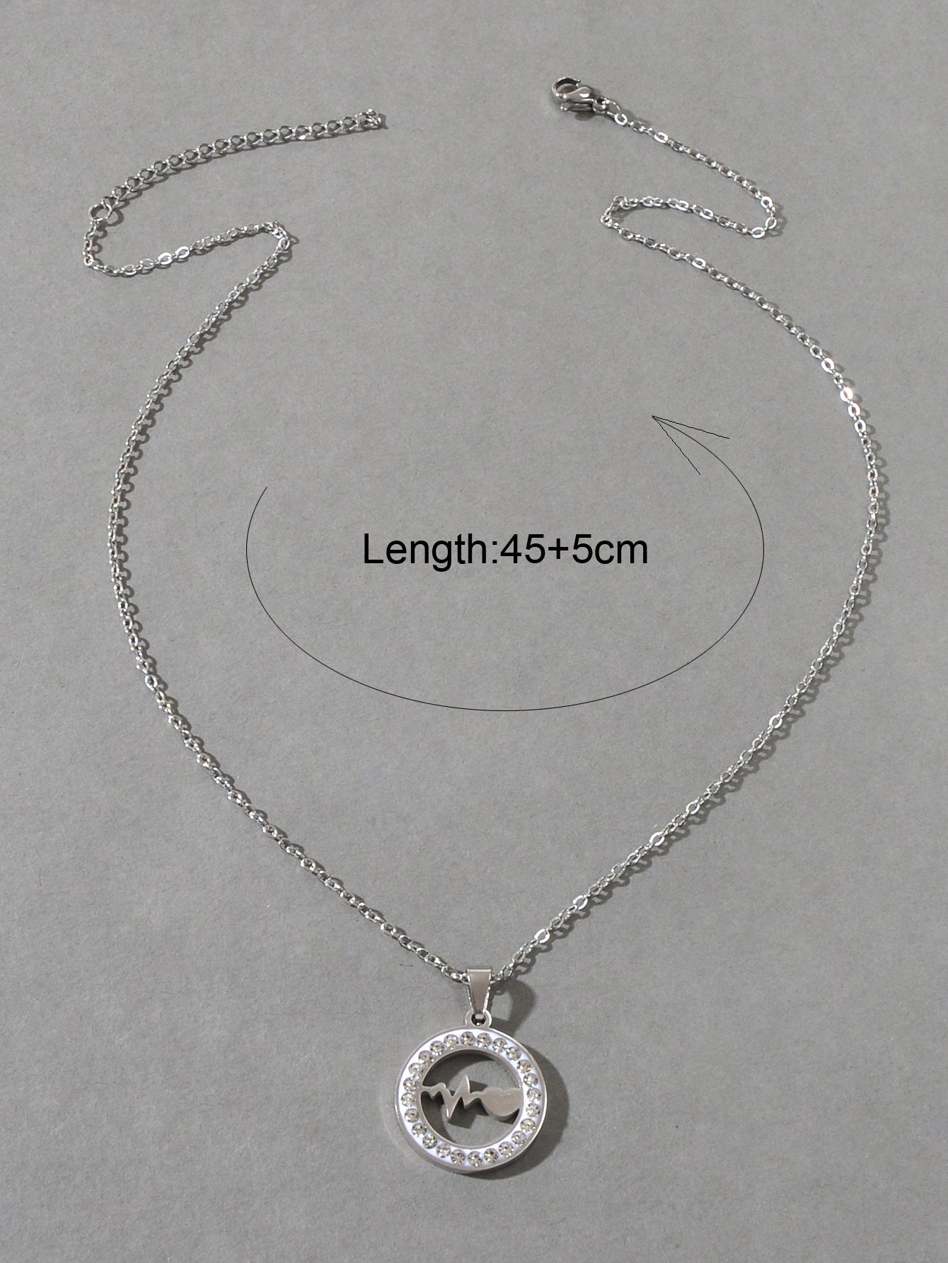Silver Stainless Steel Rhinestone Decoration Circle Electrocardiogram Necklace