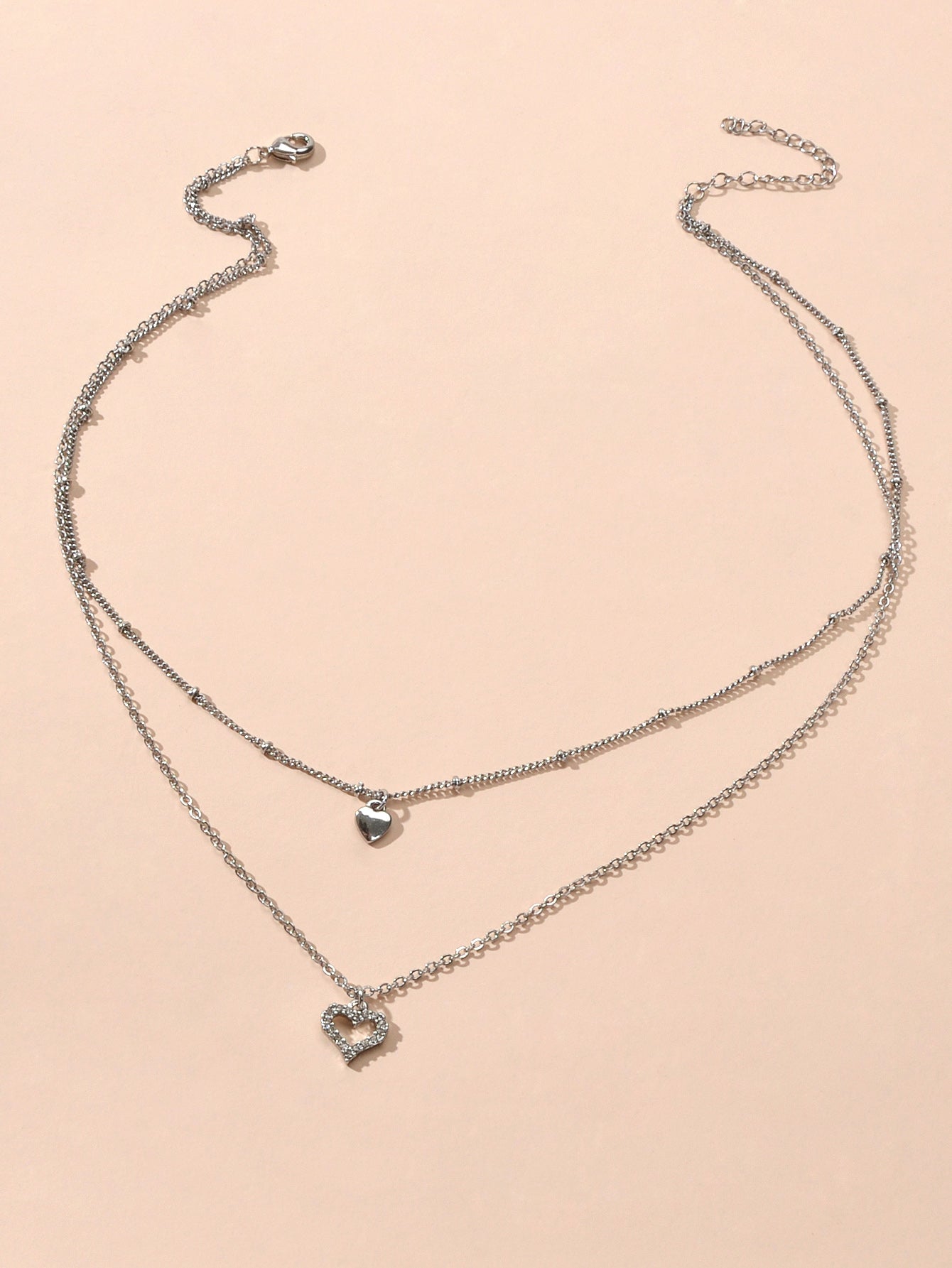 Trendy Jewelry Silver Double layer Chain Rhinestone Heart Pendant Women Necklace