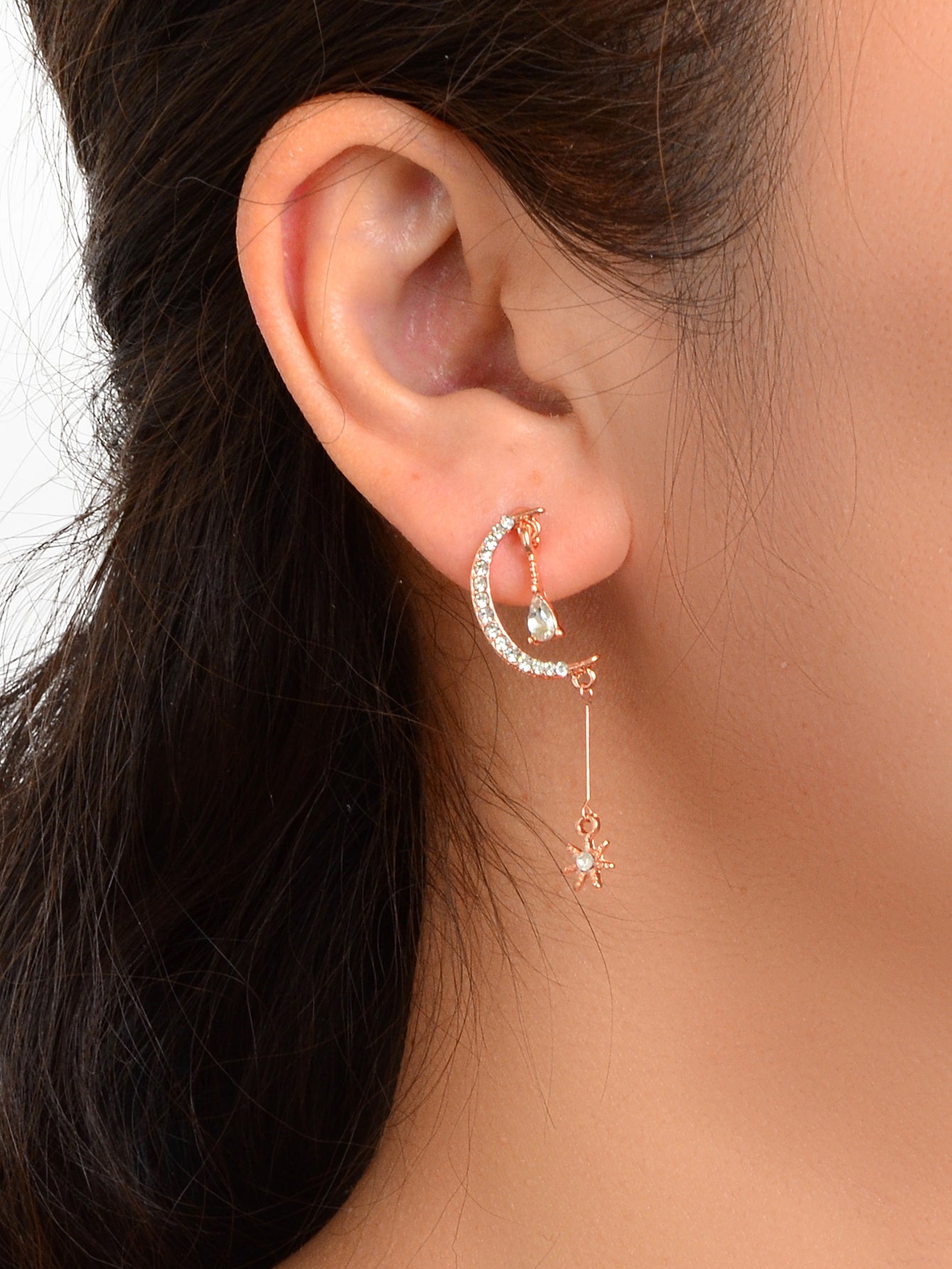 Wedding Rosegold Rhinestone Moon Dangle Drop Chandelier Teardrop Bridal Earrings