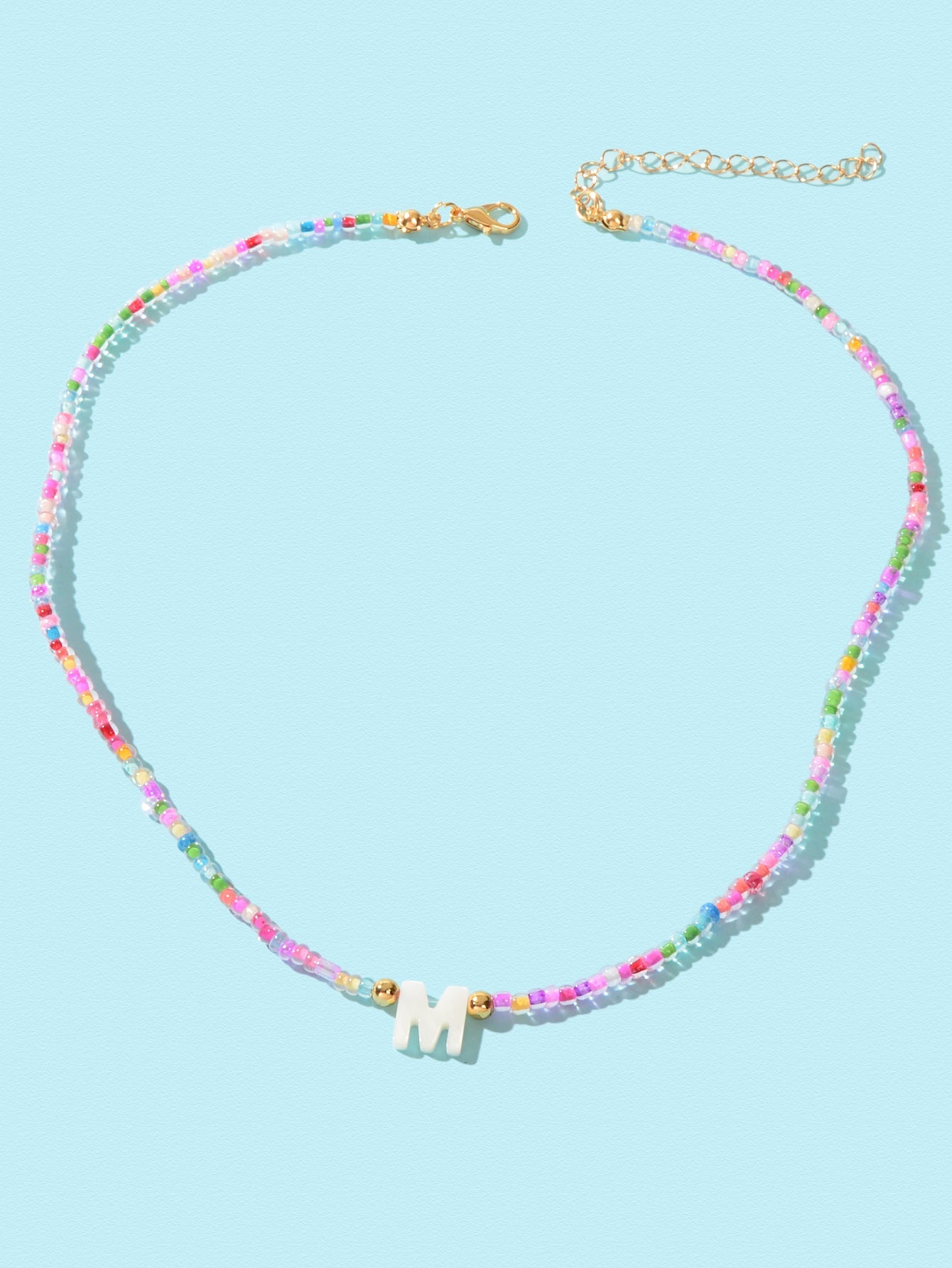 波希米亞風手工彩虹串珠夏威夷字母M項鍊沙灘飾品