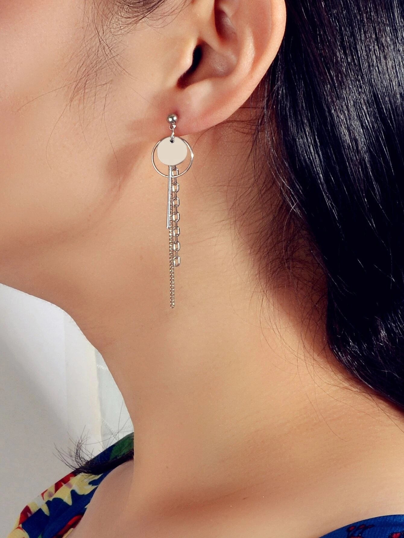 龐克風銀鍊圓盤條形吊墜耳環 時尚配件