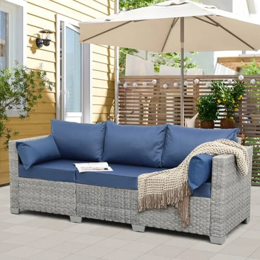 Outdoor Couch 3 Seater Wicker Patio Sofa Grey Rattan Deep Seat Balcony Furniture Porch Seating with Navy Blue Cushion