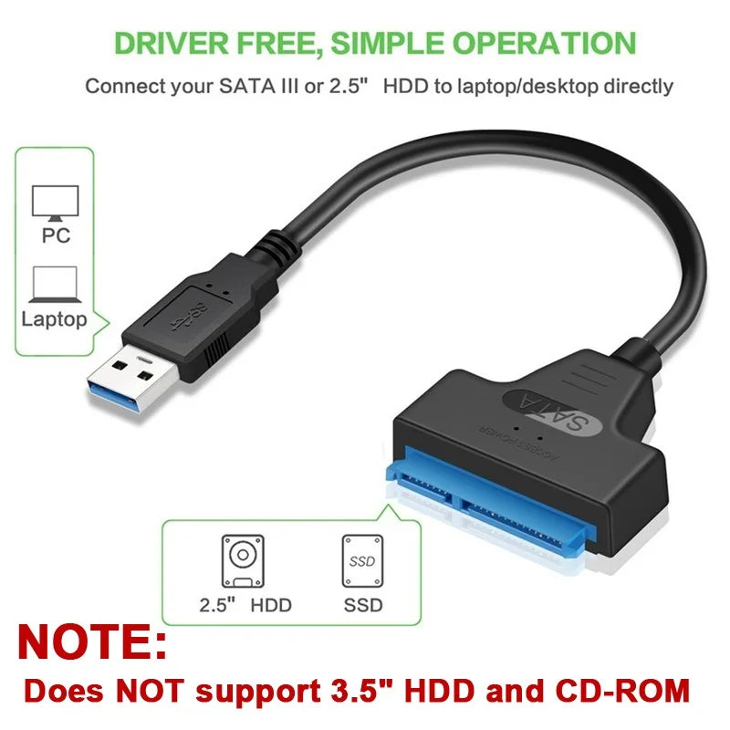 SATA 轉 USB 3.0/2.0 線，最高傳輸速度可達 6Gbps，適用於 2.5 吋外接硬碟/固態硬碟，SATA 3 22 針轉接器，USB 3.0 轉 SATA III 線