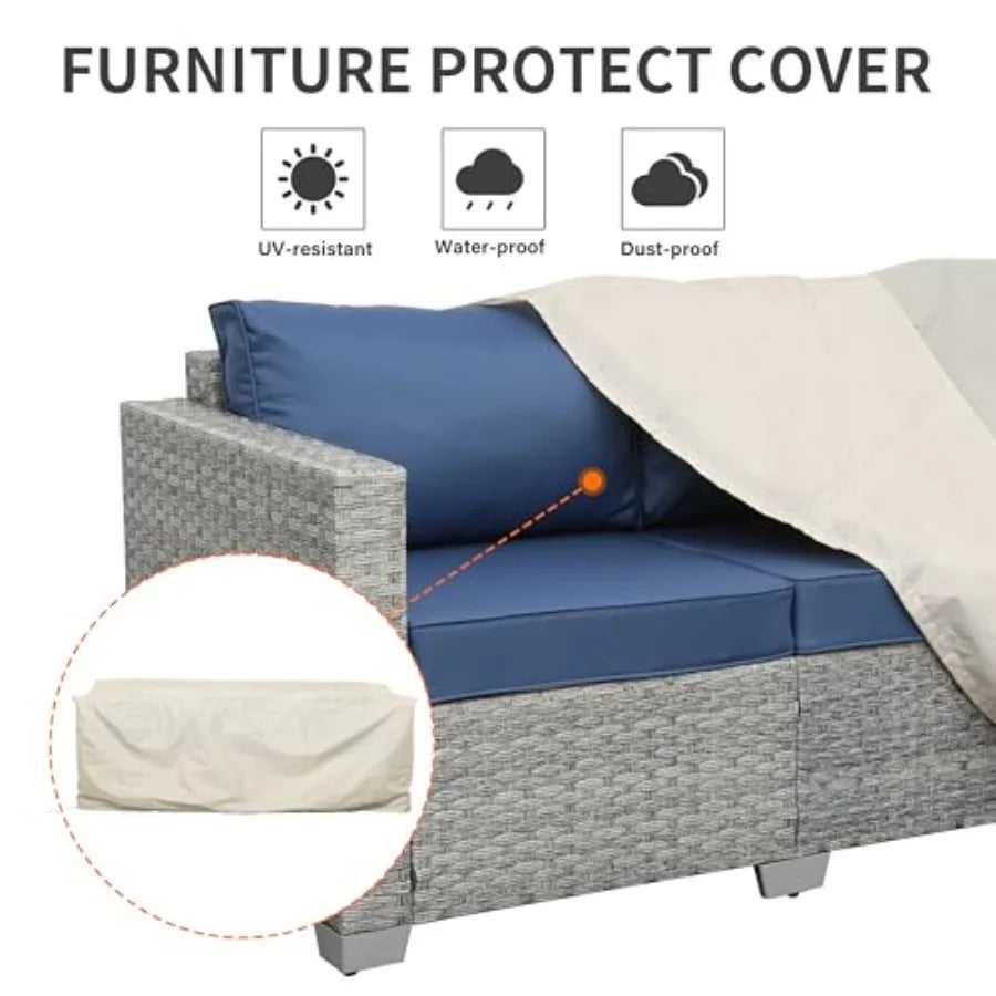 Outdoor Couch 3 Seater Wicker Patio Sofa Grey Rattan Deep Seat Balcony Furniture Porch Seating with Navy Blue Cushion