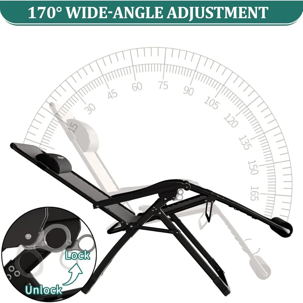 Oversized Zero Gravity Chair 33In XXL Patio Reclining Chair with Cushion, Outdoor Folding Recliner with Pillows|Cup Holder|Foot