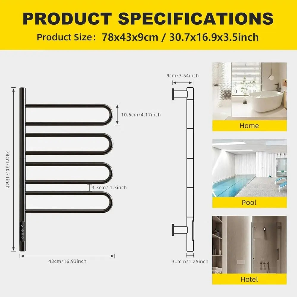 Electric Towel Warmer Rotatable 180°, Towel Rack Warmer with Timer and Smart Temperature Control, Heated Drying Rack Hard Wired/
