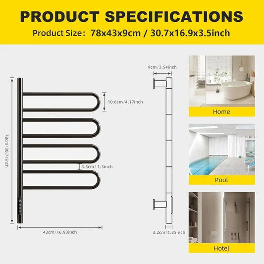 Electric Towel Warmer Rotatable 180°, Towel Rack Warmer with Timer and Smart Temperature Control, Heated Drying Rack Hard Wired/