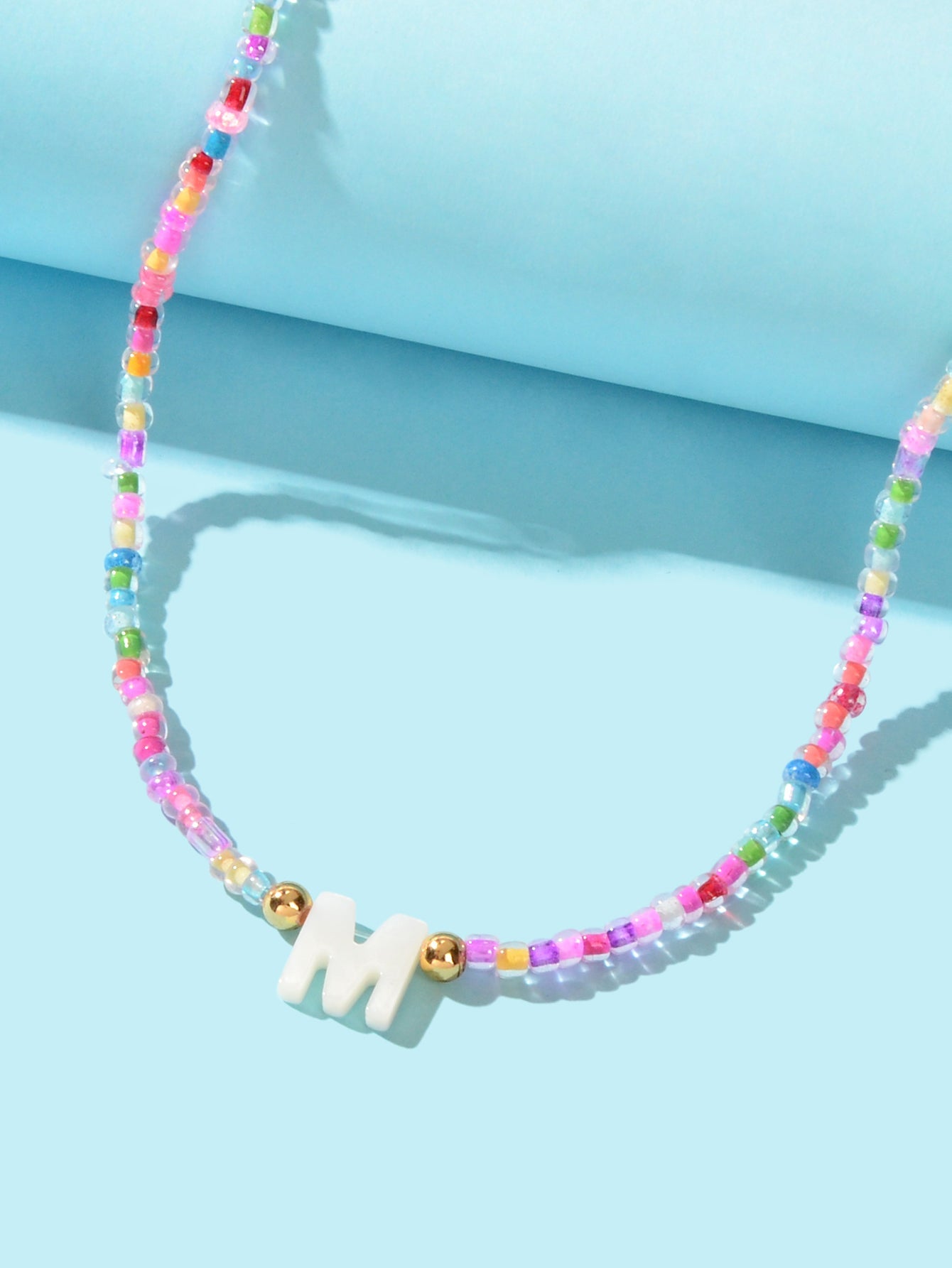 波希米亞風手工彩虹串珠夏威夷字母M項鍊沙灘飾品