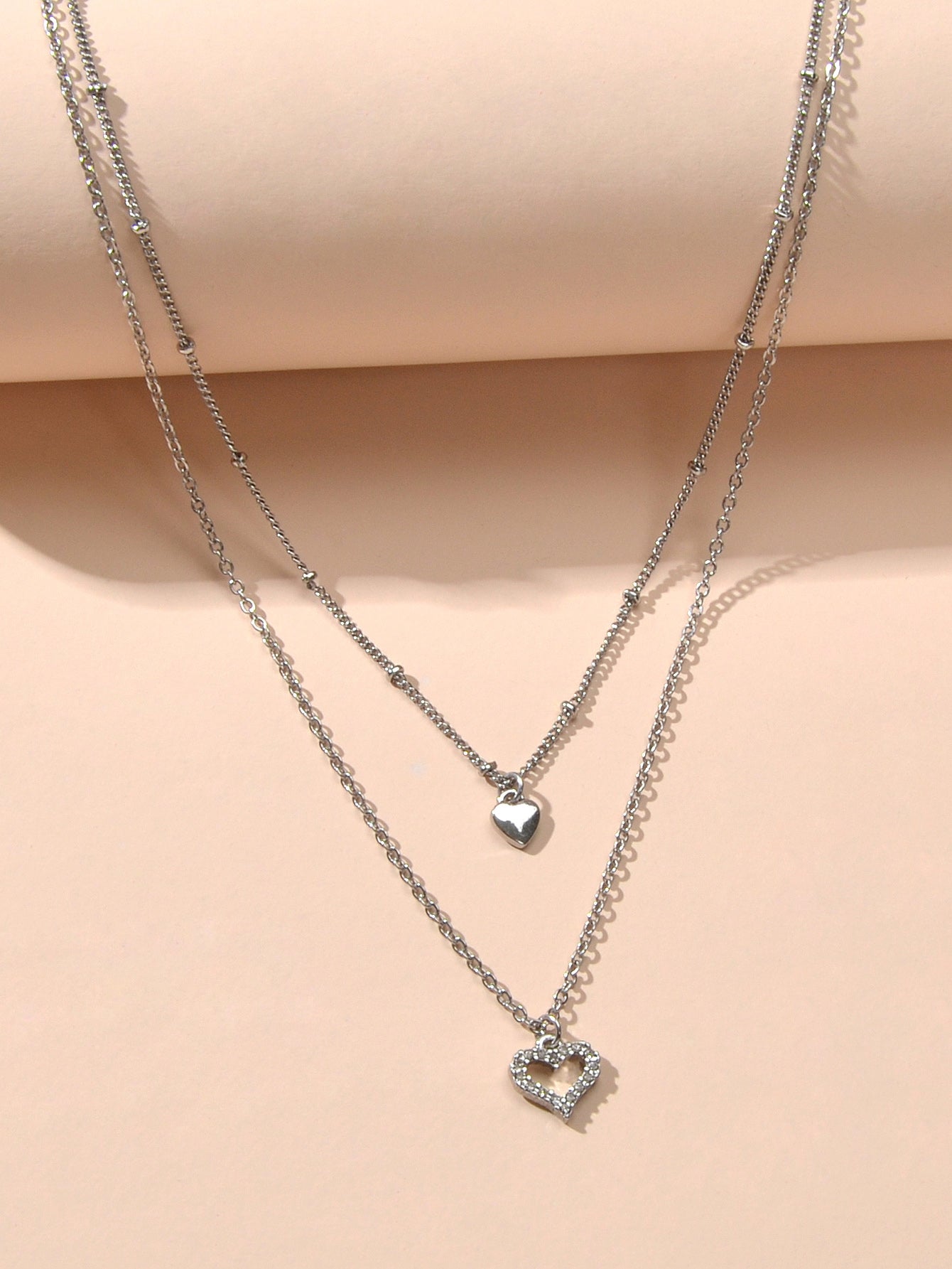 Trendy Jewelry Silver Double layer Chain Rhinestone Heart Pendant Women Necklace