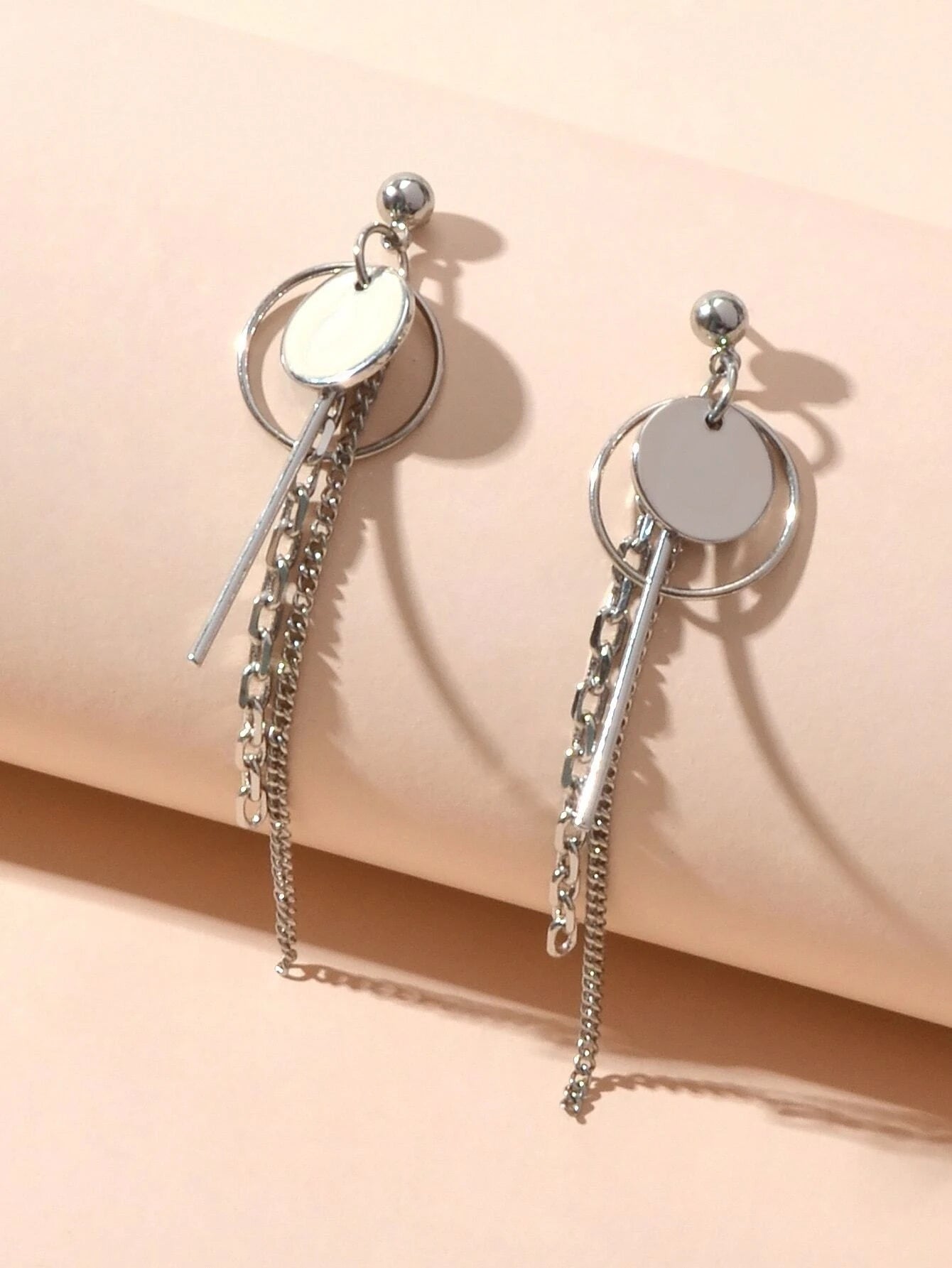 龐克風銀鍊圓盤條形吊墜耳環 時尚配件