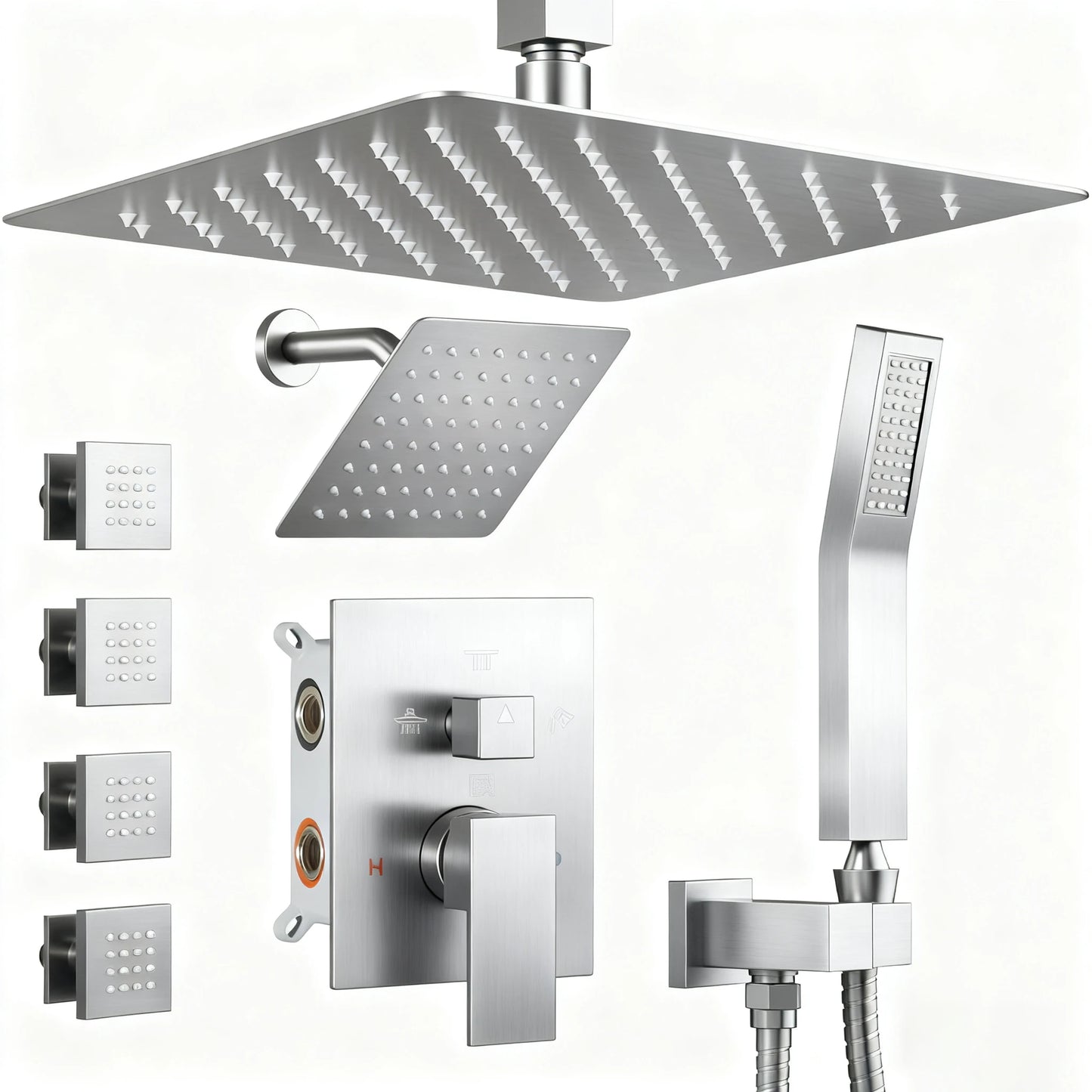 現代淋浴系統，4個體位噴淋噴嘴，四向雨淋式出水，12吋+6吋雙淋浴噴頭，黃銅混水閥，壁掛式恆溫水龍頭套裝