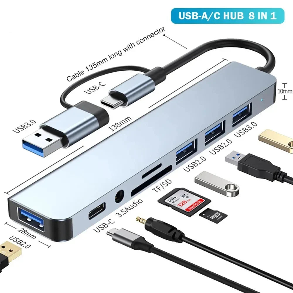 NEW 8 in 2 USB +Type C HUB Docking Station with 3.5mm Audio Jack Adapter Micro SD Card Reader Laptop Tablet Phone Disk Converter