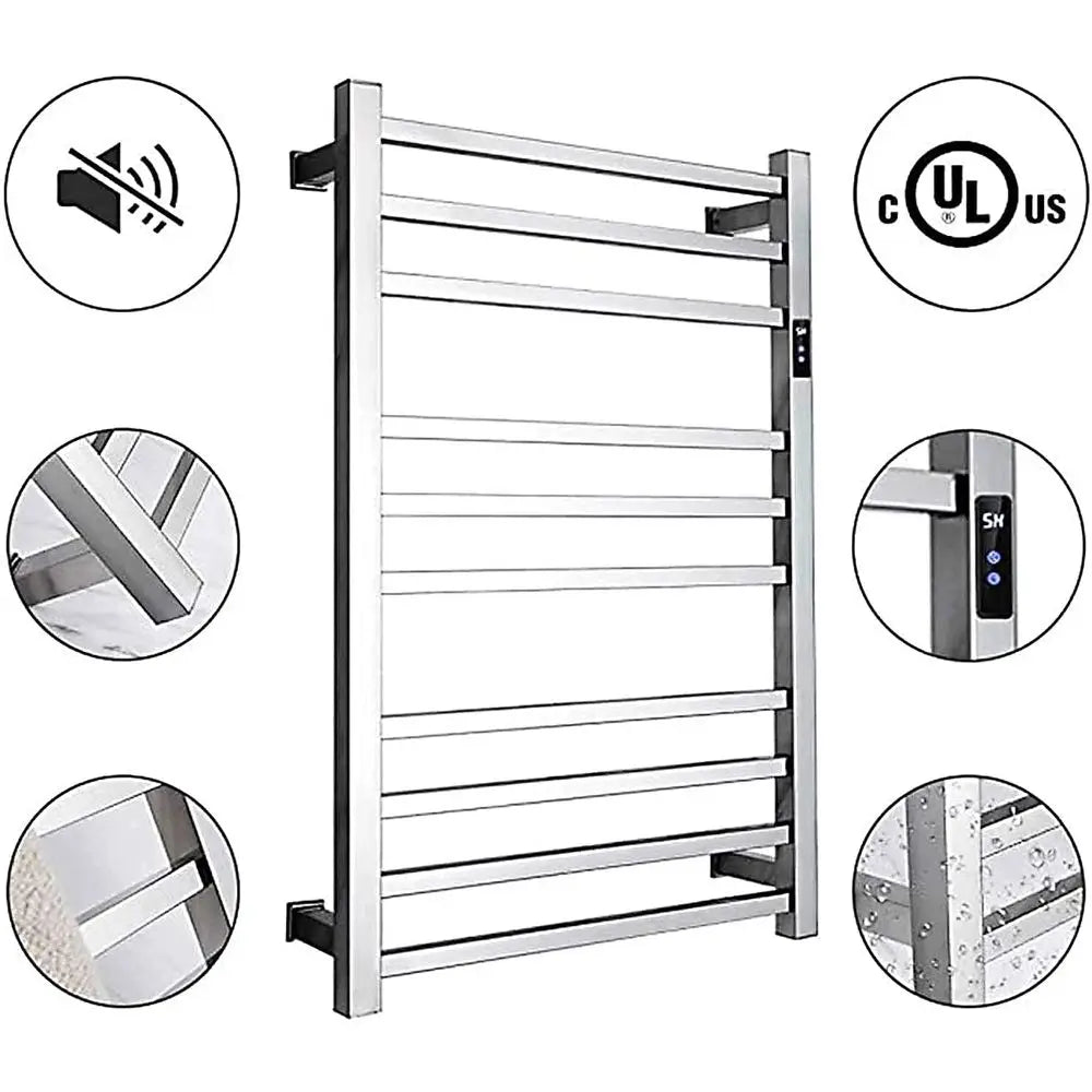 Electric Towel Warmer,with Timer Wall Mounted 10 Bars Smart Electric Towel Rack Stainless Steel Heated Towel Rails 88W Low Power