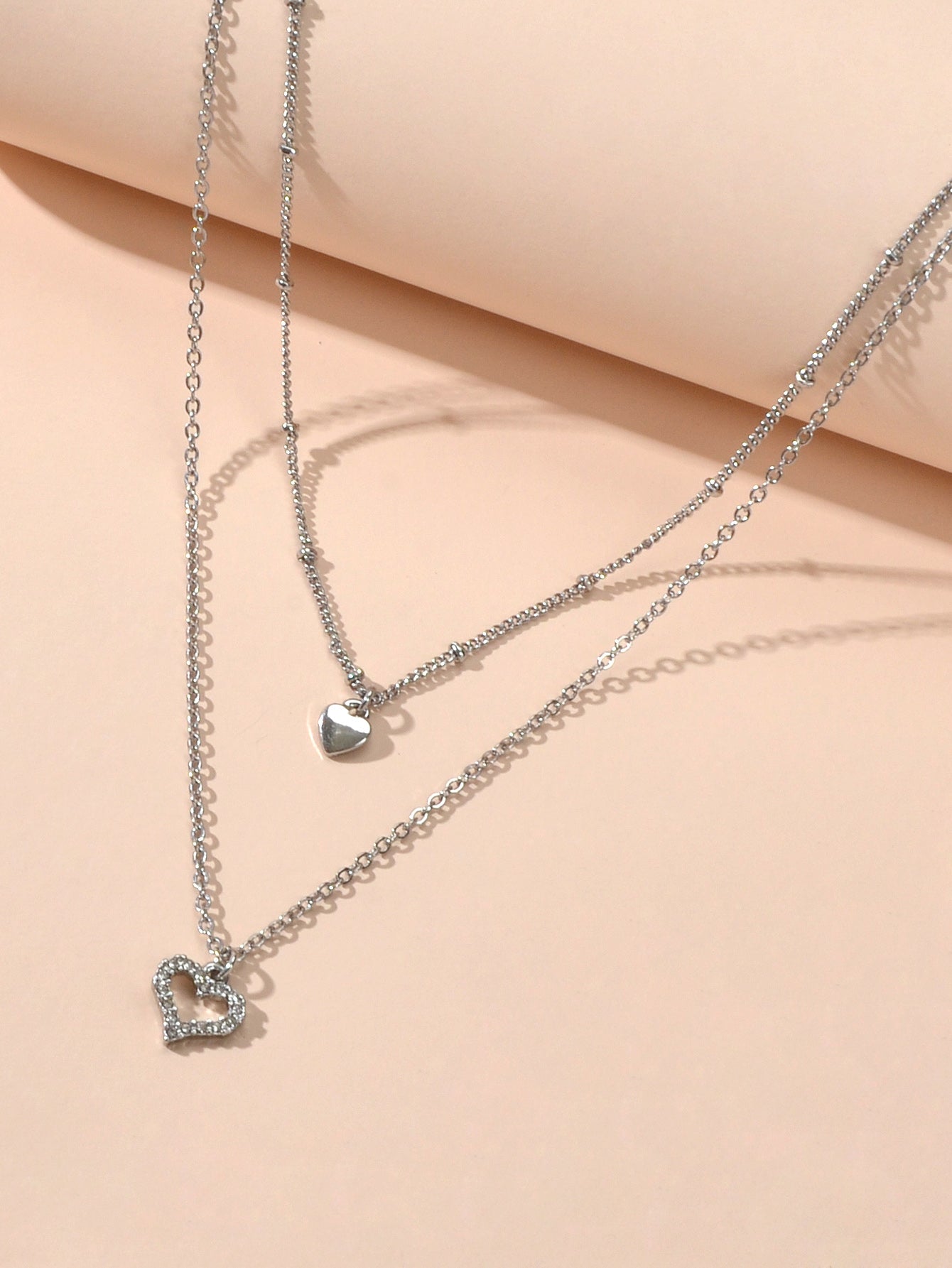 Trendy Jewelry Silver Double layer Chain Rhinestone Heart Pendant Women Necklace