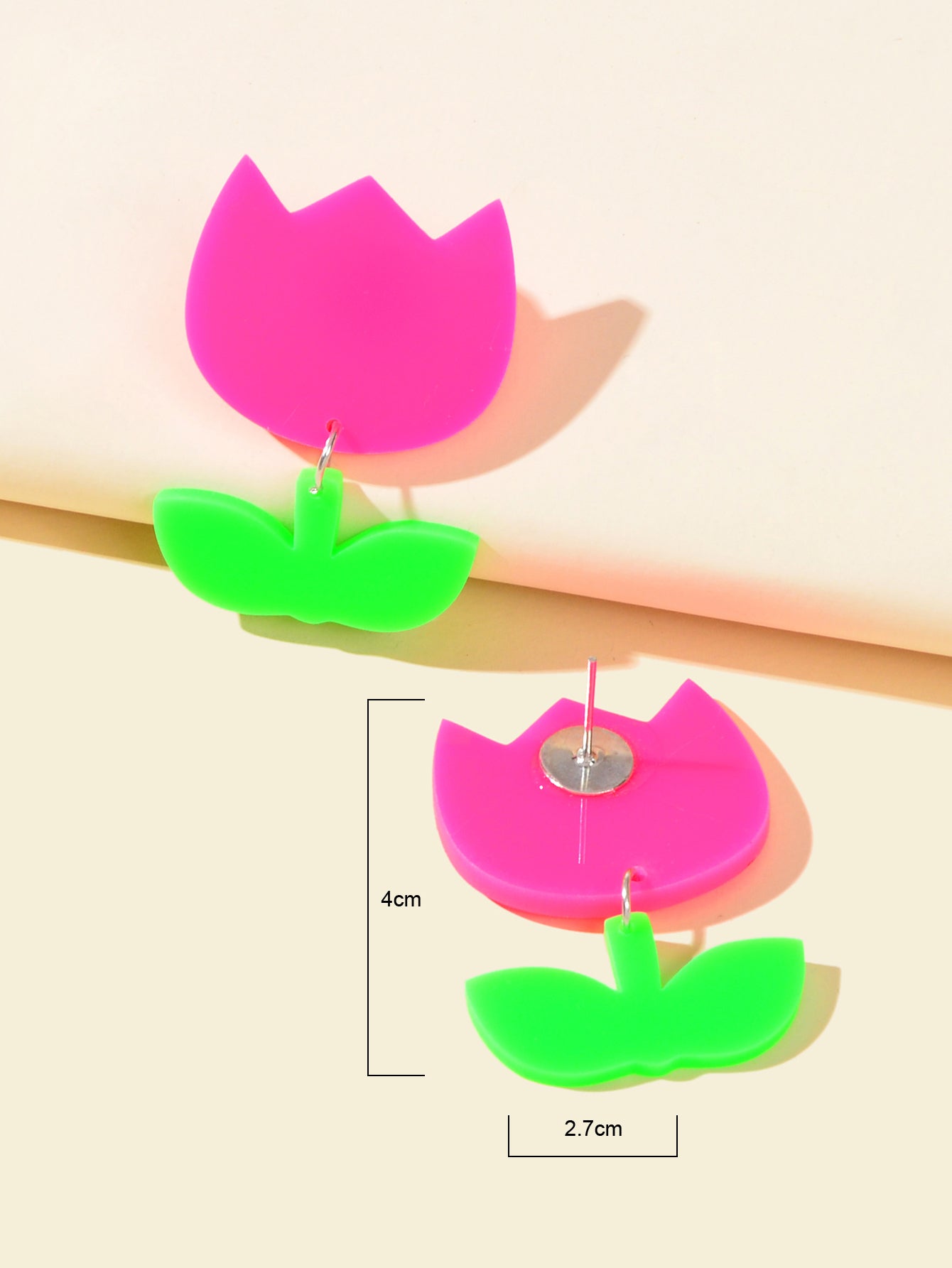 Y2k Accessories Green Leaf Hot Pink Flower Acrylic Tulips Stud Dainty Earrings
