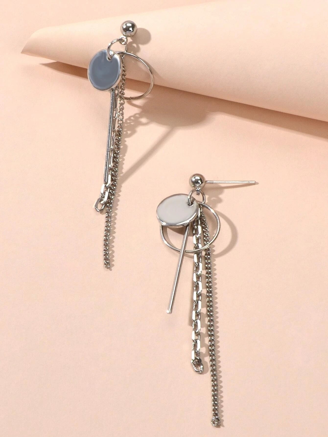 龐克風銀鍊圓盤條形吊墜耳環 時尚配件